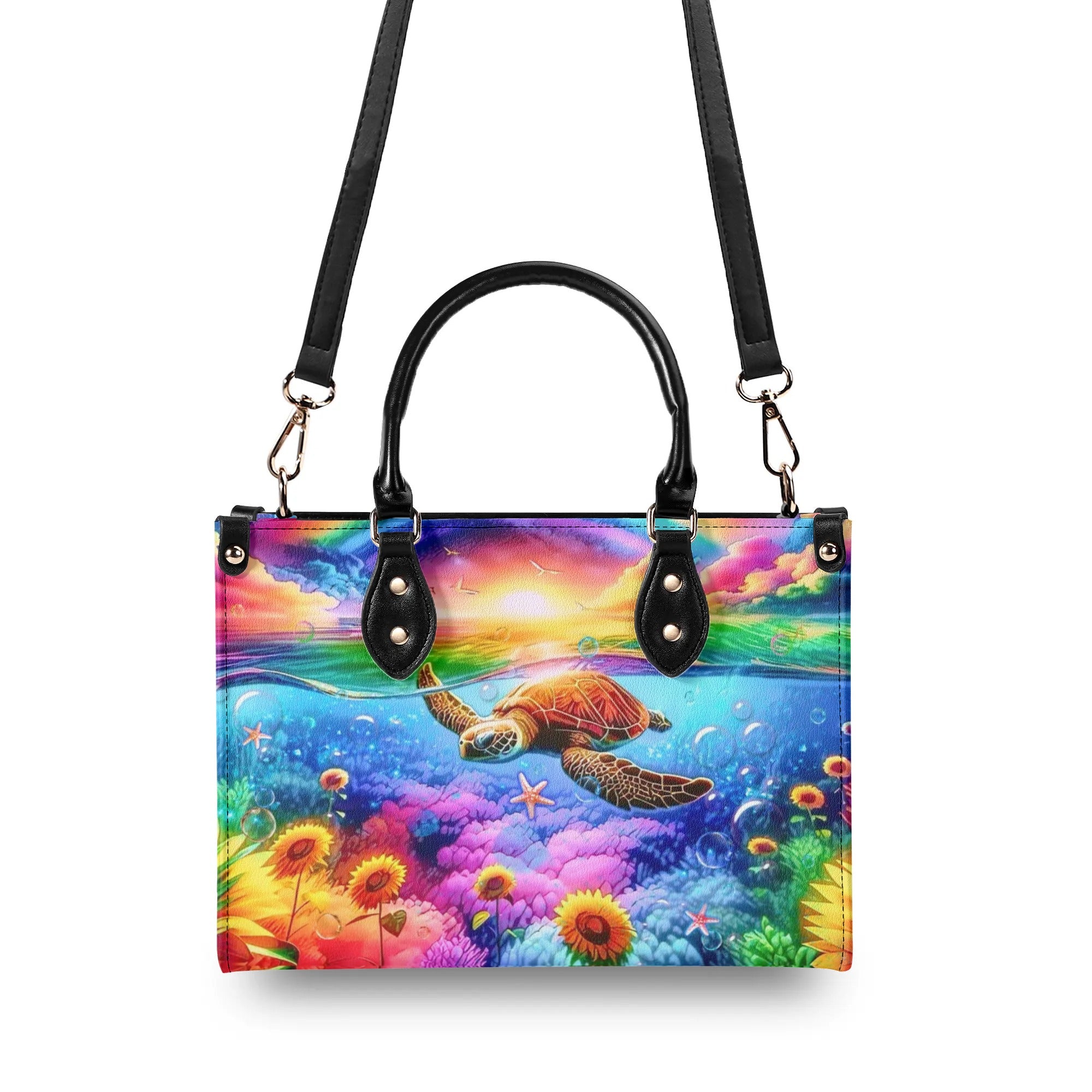 AS FREE AS THE OCEAN TURTLE SUNFLOWERS LEATHER HANDBAG - YHLT1507241