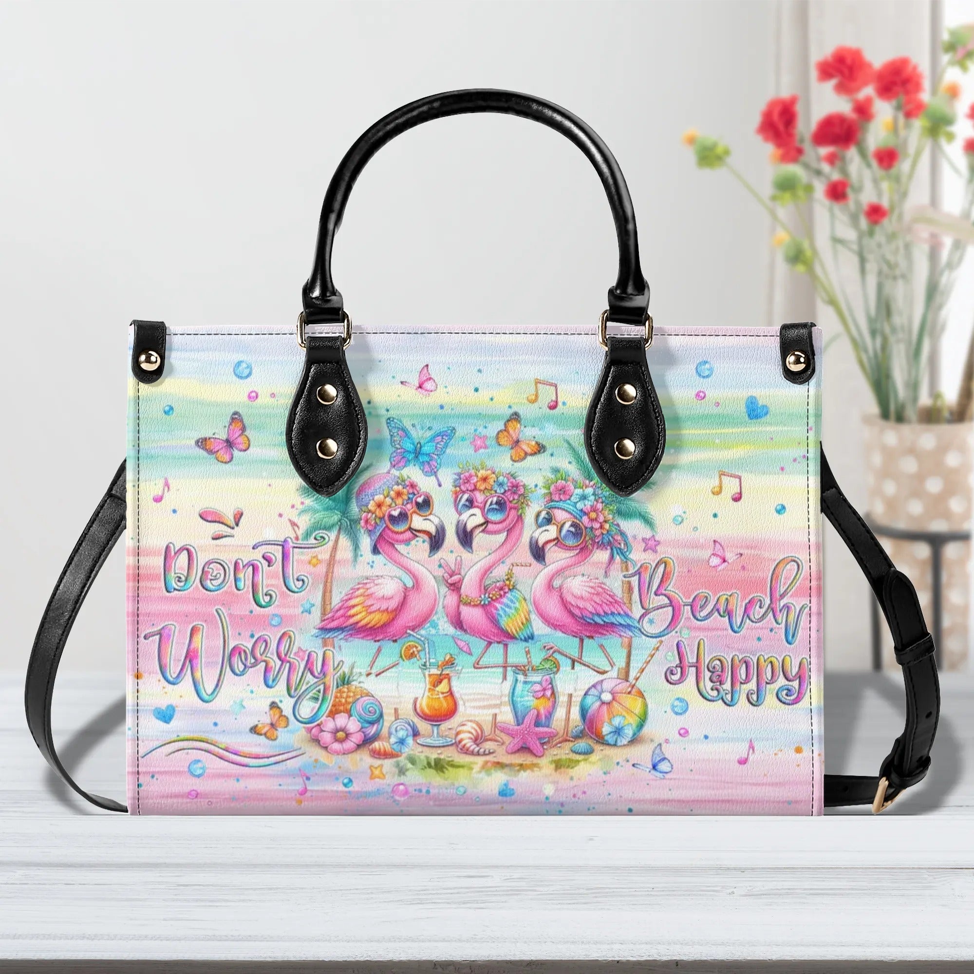 DON'T WORRY BEACH HAPPY FLAMINGO LEATHER HANDBAG - YHLT2507243