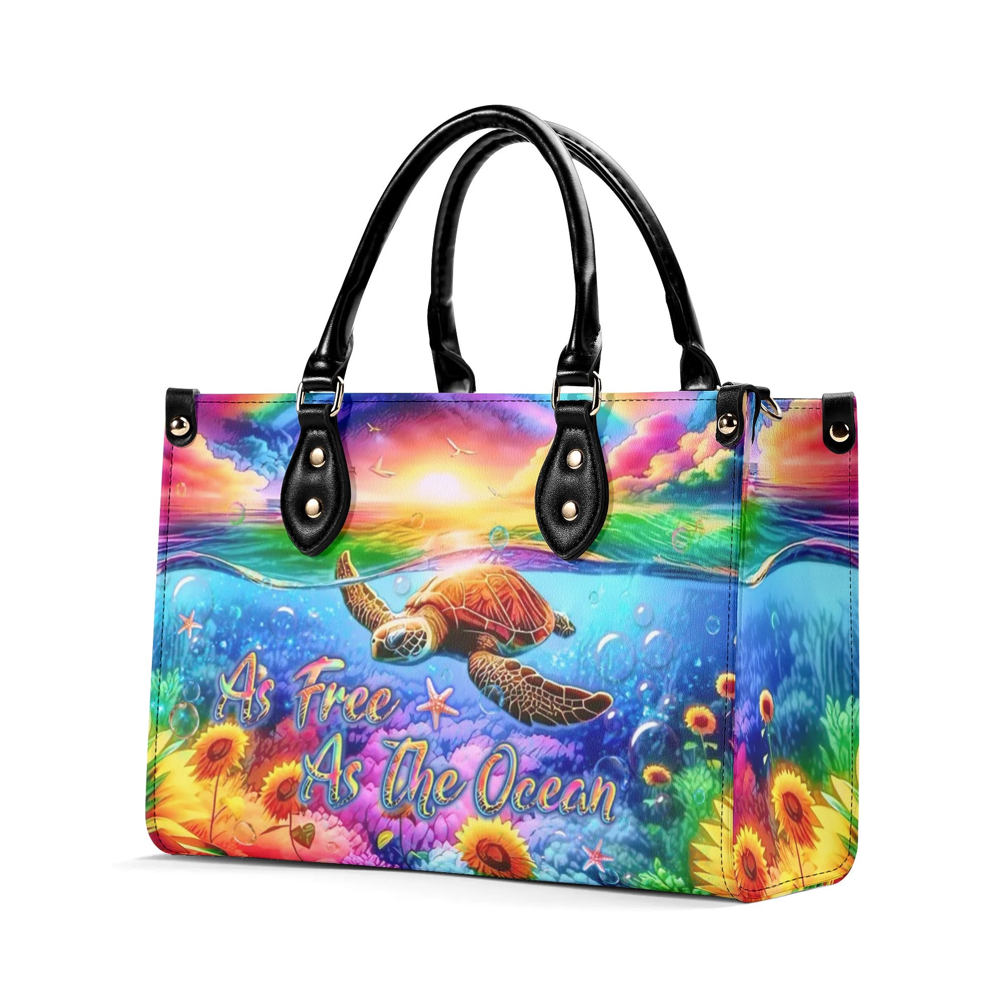 AS FREE AS THE OCEAN TURTLE SUNFLOWERS LEATHER HANDBAG - YHLT1507241