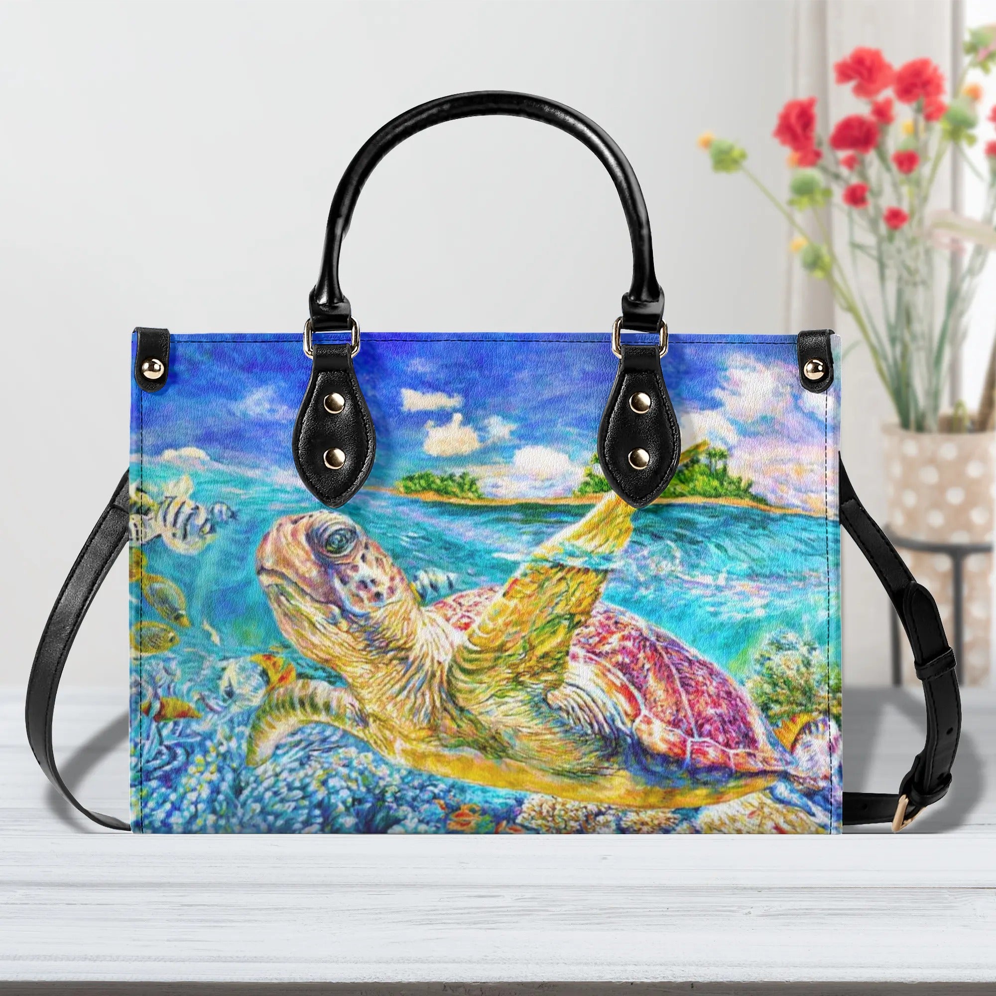 PAINTING TURTLE OCEAN LEATHER HANDBAG - YHHN1909244