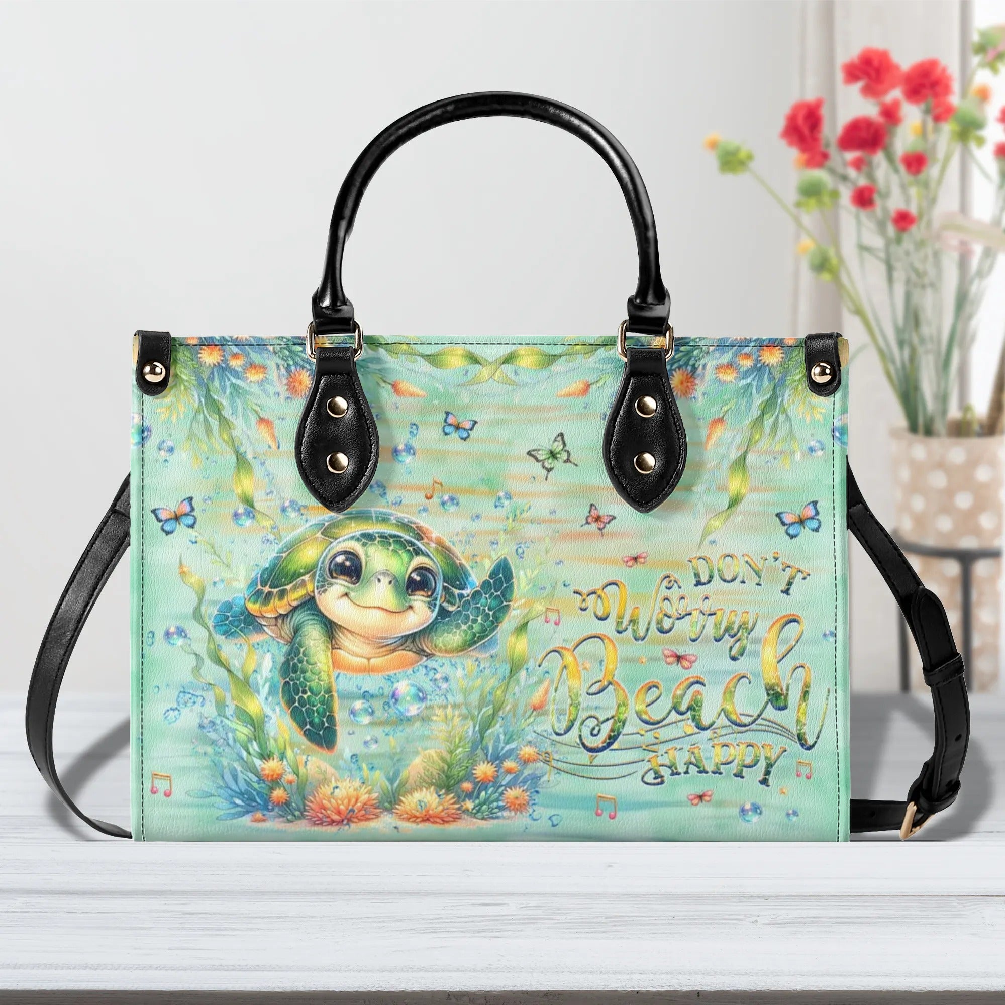 DON'T WORRY BEACH HAPPY TURTLE LEATHER HANDBAG - YHHG2308241