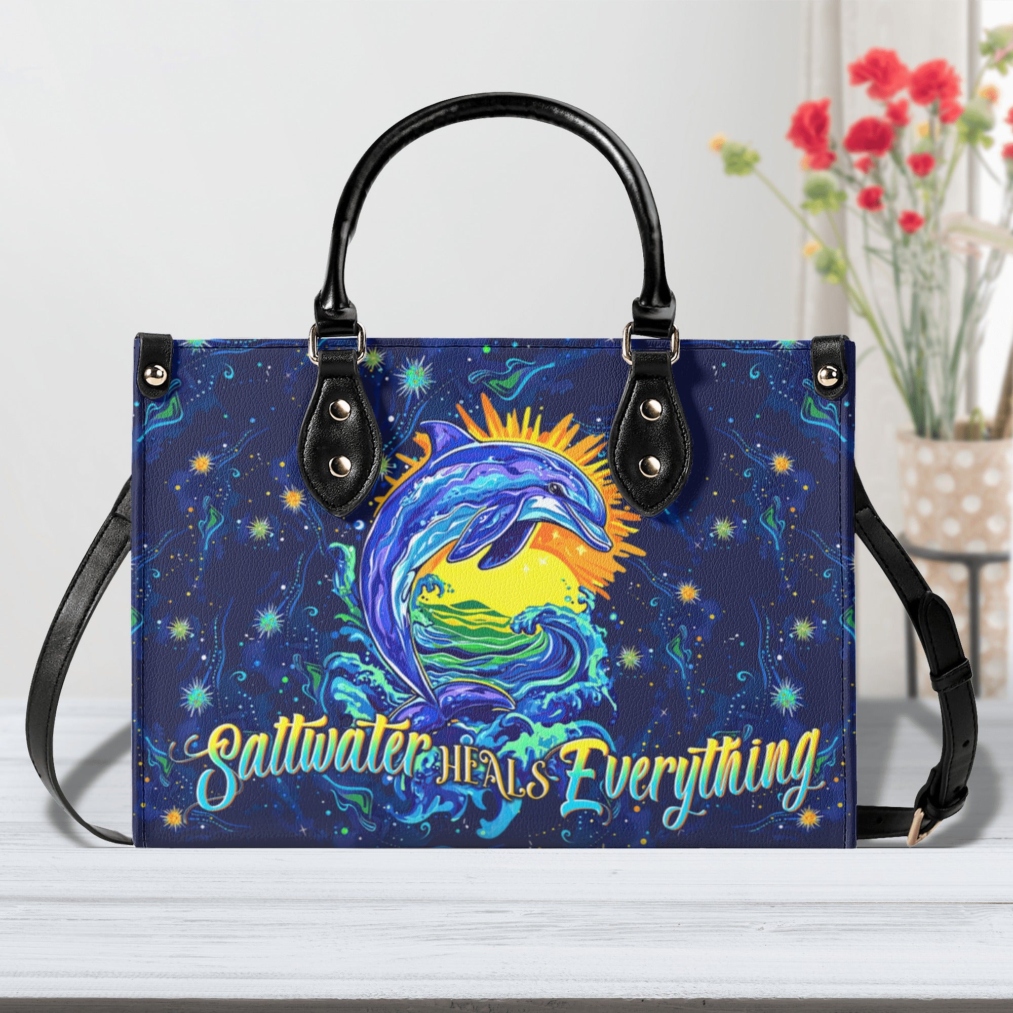 SALTWATER HEALS EVERYTHING DOLPHIN  LEATHER HANDBAG - TLTW2612243