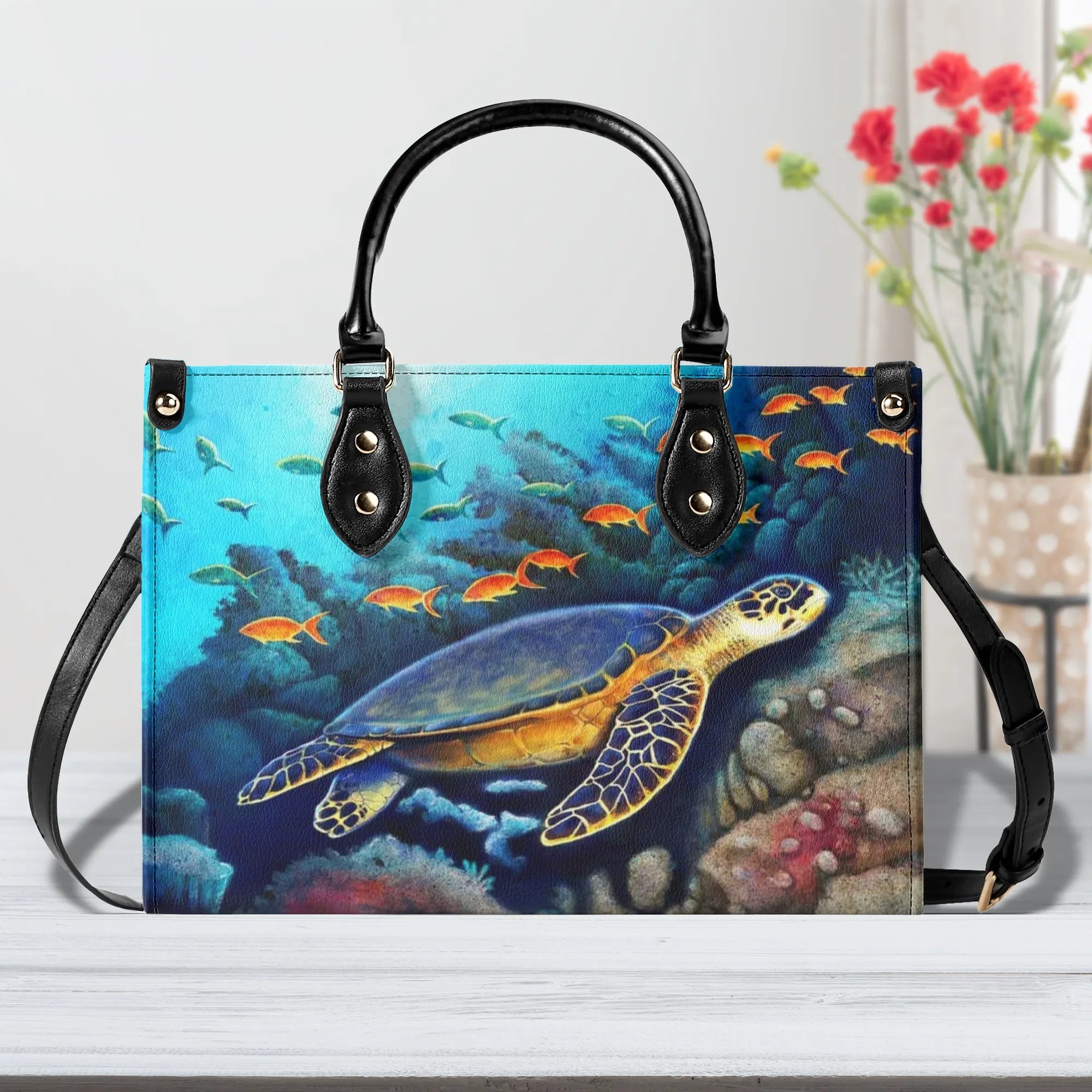 PAINTING TURTLE OCEAN LEATHER HANDBAG - YHLT2709244