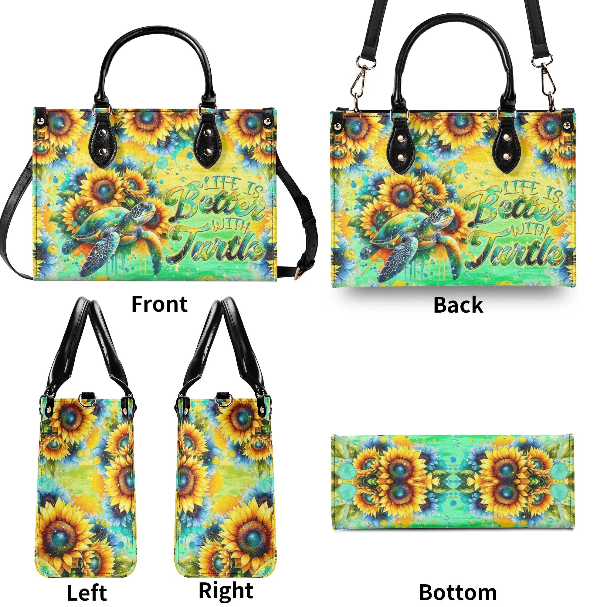 LIFE IS BETTER WITH TURTLE SUNFLOWER LEATHER HANDBAG - TLNT2108244