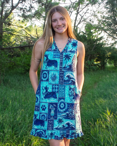 CORGI DOG ISLAND PATCHWORK V-NECK TUNIC DRESS - TLNO1308261