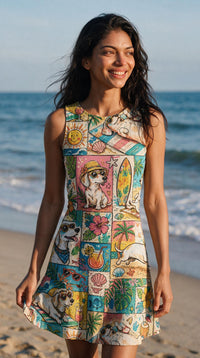 TROPICAL PLAYFUL DACHSHUND DOG FLOUNCE DRESS  - TLHN3107261