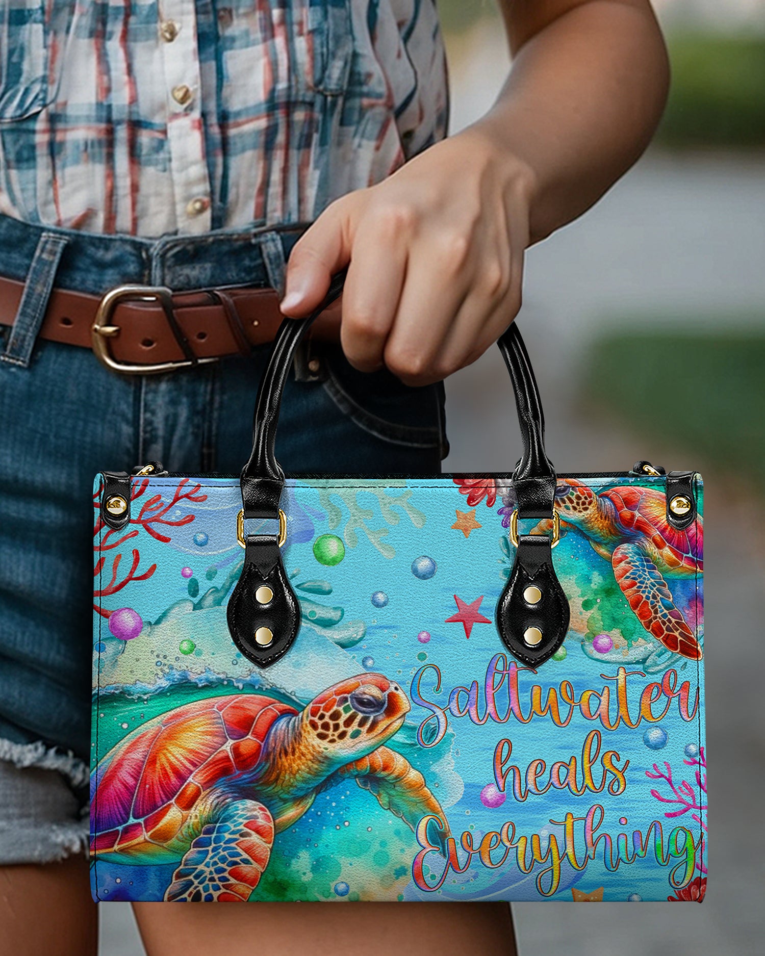 SALTWATER HEALS EVERYTHING TURTLE LEATHER HANDBAG - TYQY2705245