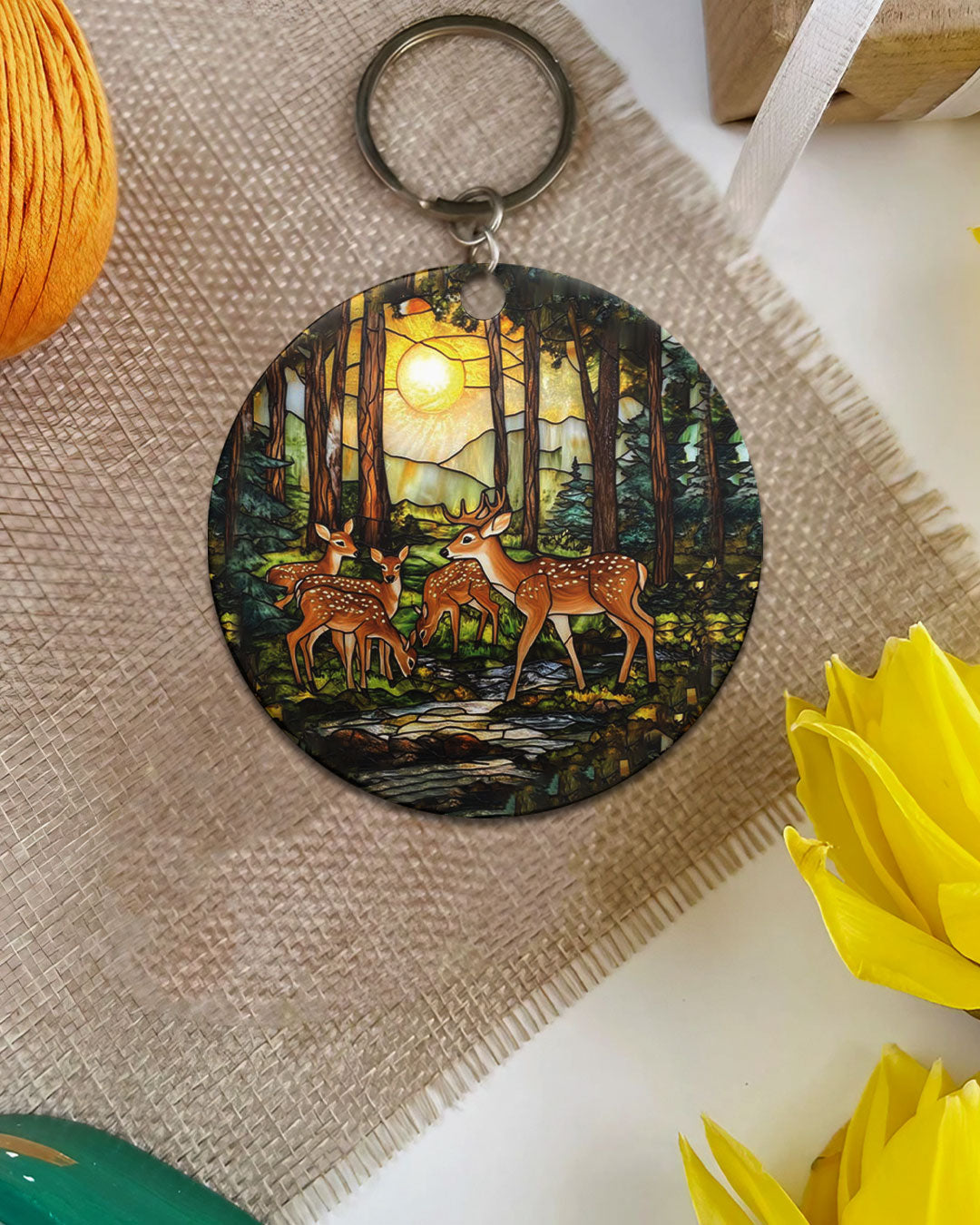 DEER FAMILY STAINED GLASS ORNAMENT & KEYCHAIN - YHHG2209255