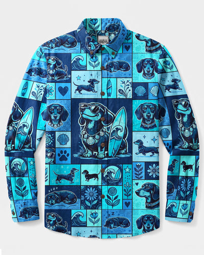 COOL SURFER DACHSHUND DOG BEACH PATCHWORK LONG SLEEVE BUTTON-DOWN SHIRT - TYQY2808269