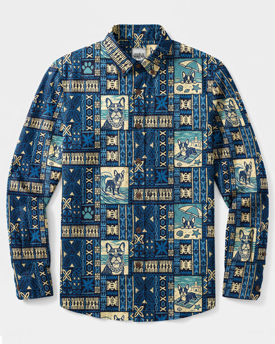 ISLAND FRENCHIE DOG PATCHWORK LONG SLEEVE BUTTON-DOWN SHIRT - TYQY1809265