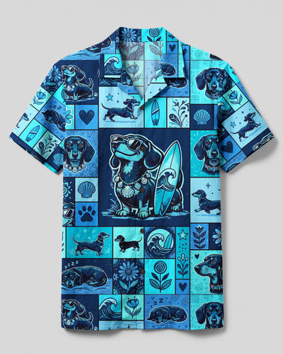 COOL SURFER DACHSHUND DOG BEACH PATCHWORK CAMP SHIRT - TYQY2808268